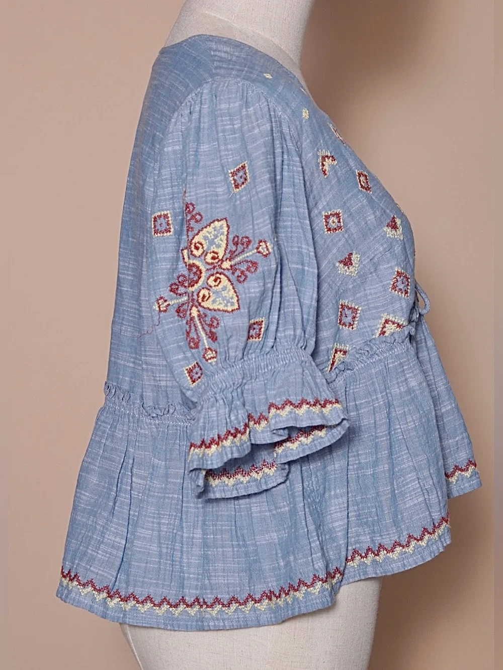 Blue Embroidered Boho Tie Front Peplum Blouse Flutter Sleeve